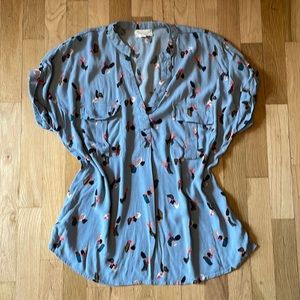 Melloday Split Neck Baby Blue Patterned Top